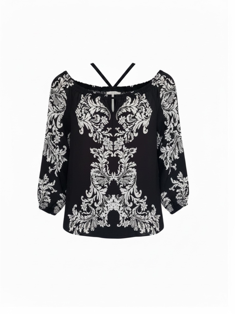 Off the Shoulder Black & White Printed Peasant Blouse - Elegant Scroll Design